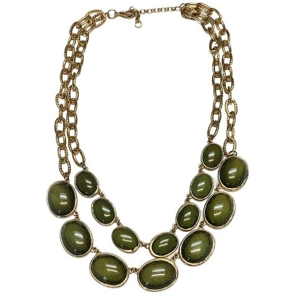 Vintage Olive Green Glass Beaded 2 Tier Chain Gold Tone Statement Necklace 20” - Picture 1 of 8